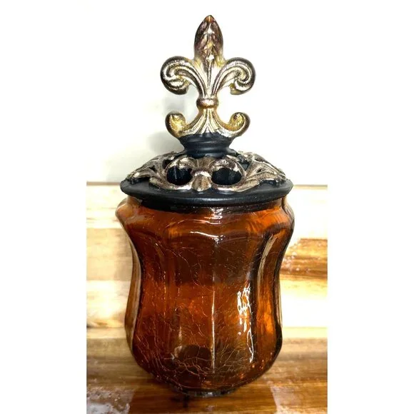 Decorative Amber Crackle Glass Canister With Fluer-de-lis Lid - Picture 2 of 13